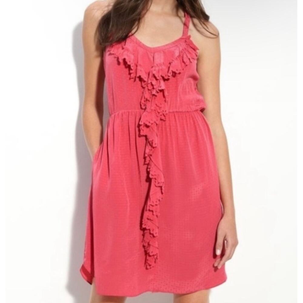 Rebecca Taylor Pink 100% Silk Ruffle Eyelet Mini Dress Womens Size 2 Pocket‎